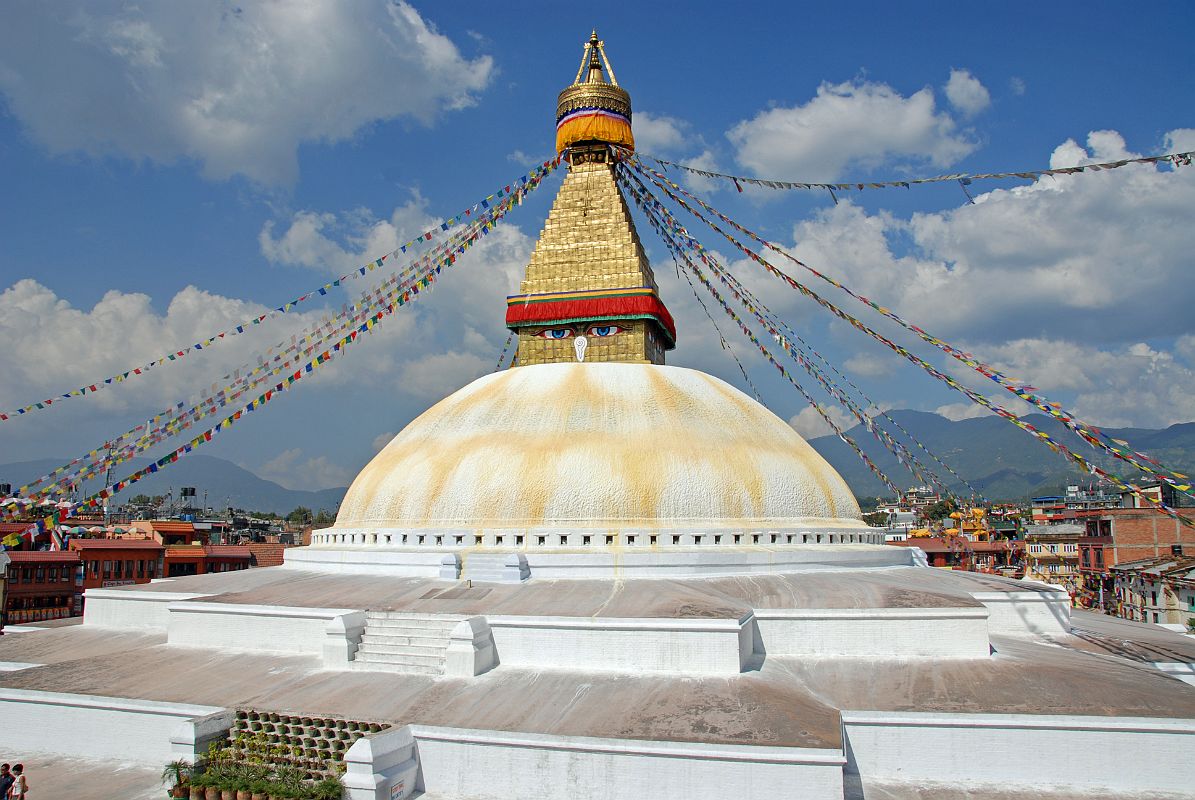 Kathmandu Boudhanath 17 Boudhanath Stupa From Above Just Right Of Entrance There are very good views of Boudhanath Stupa from the top floors of the buildings that circle the Stupa. This view is from a restaurant to the southeast.